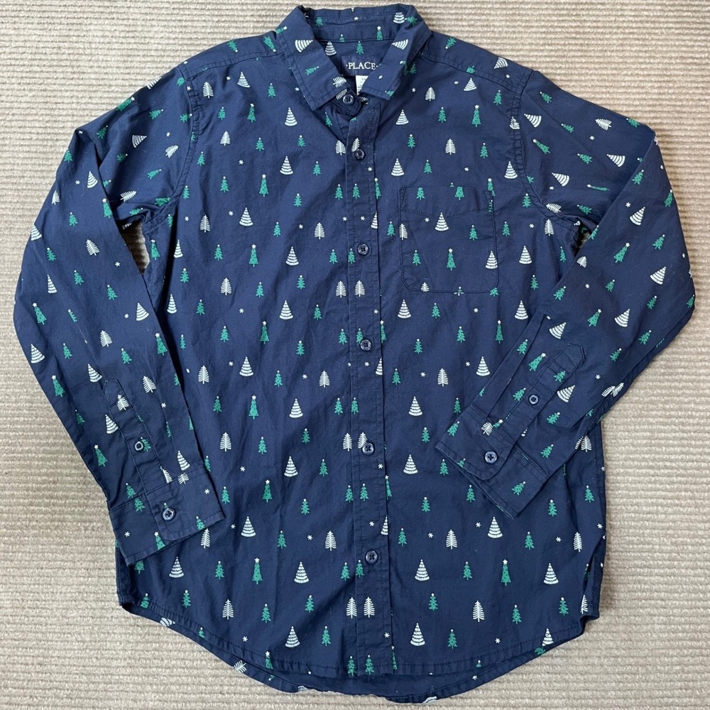 The Childrens Place Boys XL 14 Navy Blue Christmas Tree‎ Button Down Shirt